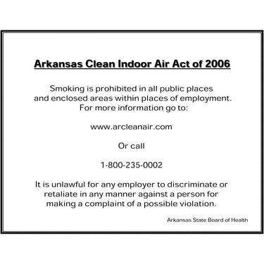 ZING No Smoking Sign, Arkansas, 10x14- Model 2846S